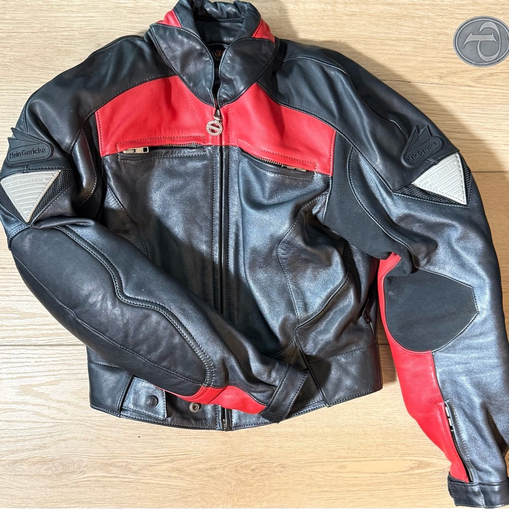 Men's Black and Red Klein Gericke 3M Scotchlite Motorcycle Jacket Size 36/Small